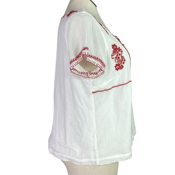 Garnet Hill Top Women 16 White Red Floral Embroidered Square Neck Boho Blouse - Picture 3 of 5